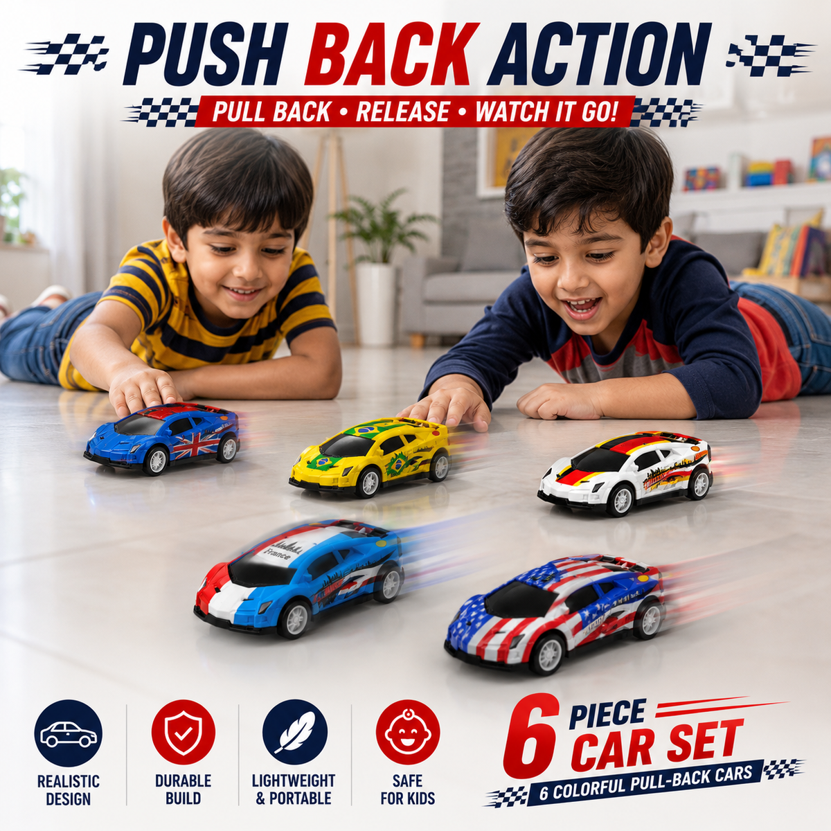 6 Pcs Pull Back Toy Cars Set for Kids – No Battery Push & Go Mini Cars