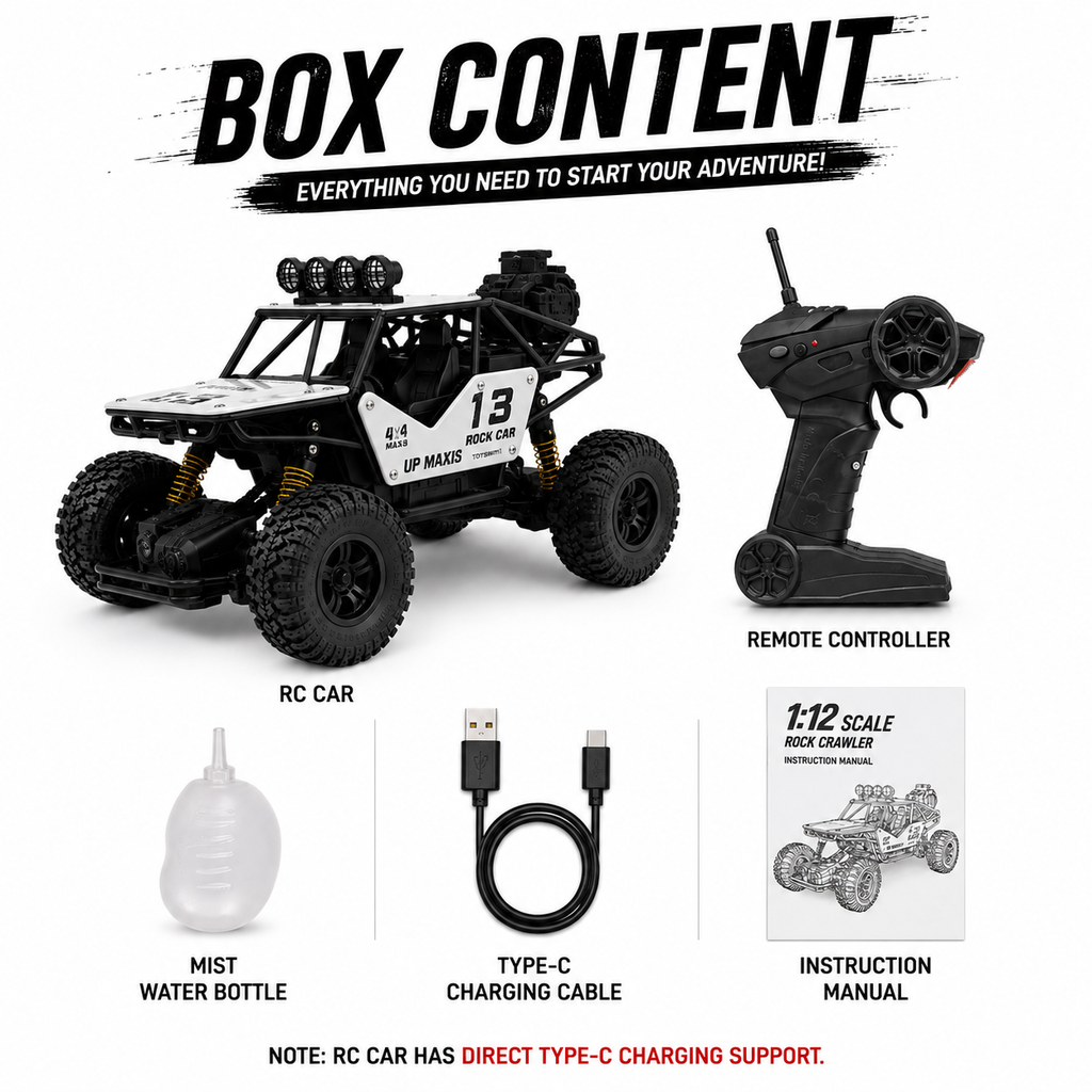1:12 Scale RC Rock Crawler 4x4 Off-Road Car with Shock Absorbers, LED Lights & Smoke Effect, Type-C Rechargeable