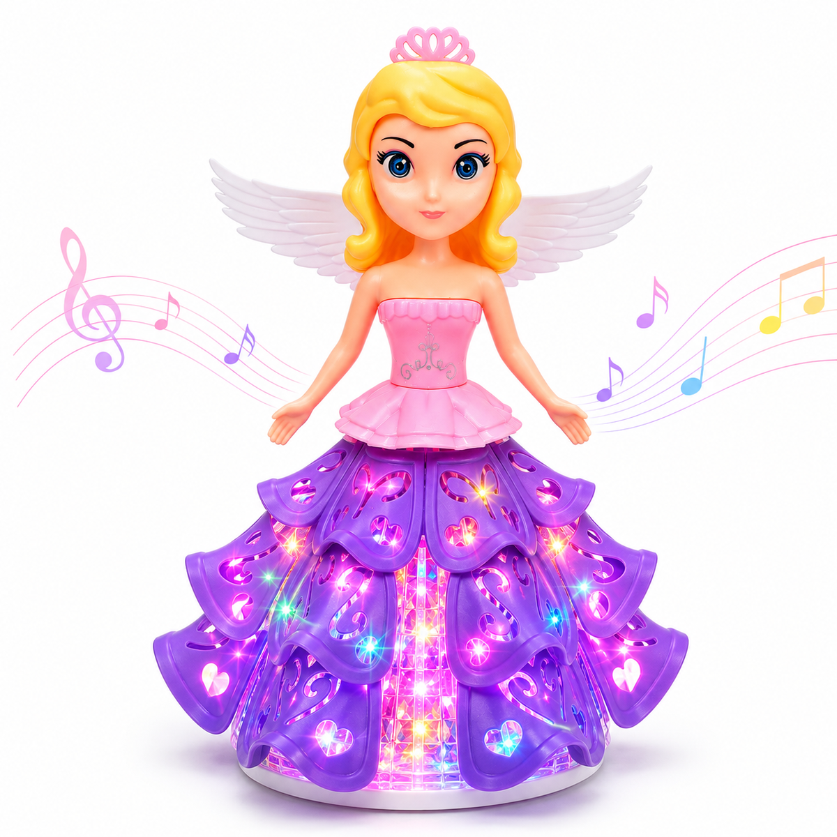 Dancing Angel Princess Doll with LED Lights, Music, 360° Rotation & Bump-and-Go Movement