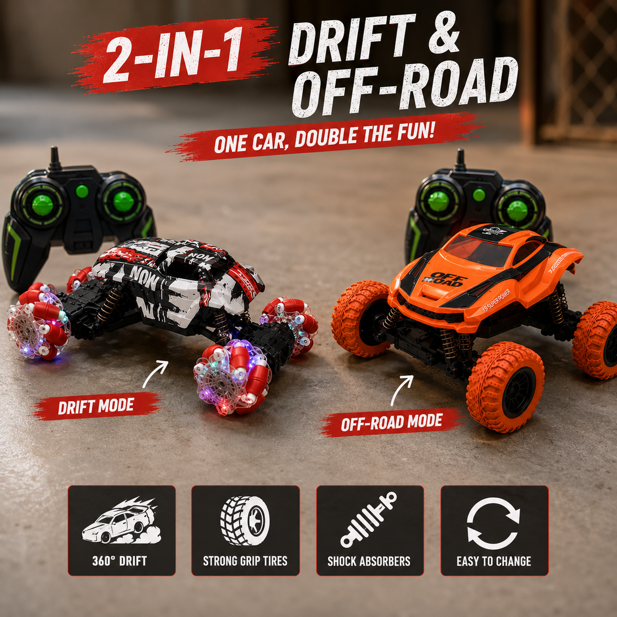 2-in-1 Transform RC Drift & Off-Road Car Toy with Changeable Wheels & Body, 2.4GHz Remote Control, Rechargeable LED Stunt Car for Kids Boys & Girls