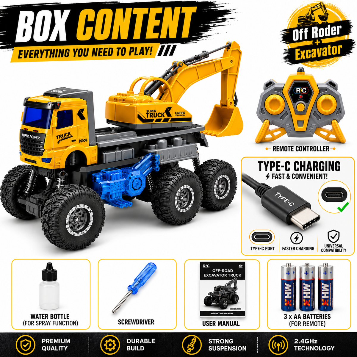 Remote Control 6-Wheel Off-Road Excavator Truck Toy for Kids, 2.4GHz RC Construction Vehicle with Working Excavator Arm, All-Terrain Big Tire Climbing Truck, Type-C Rechargeable