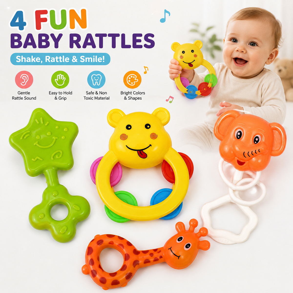 Baby Rattle Set ( 4-Piece ) – Colorful Bear, Elephant, Giraffe & Star Shaker Toys for Infants, Easy-Grip Sensory & Activity Toys