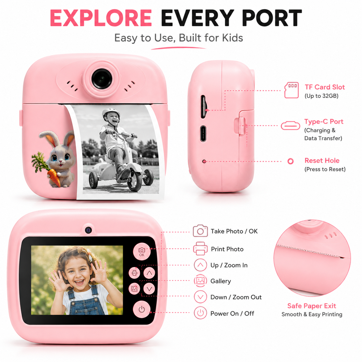 Kids Instant Print Camera, DIY Thermal Printing Digital Camera with 2.4" Screen, USB Rechargeable, Photo & Video Camera, Coloring Markers & Print Paper Included, Birthday Gift for Boys & Girls 3-12 Years