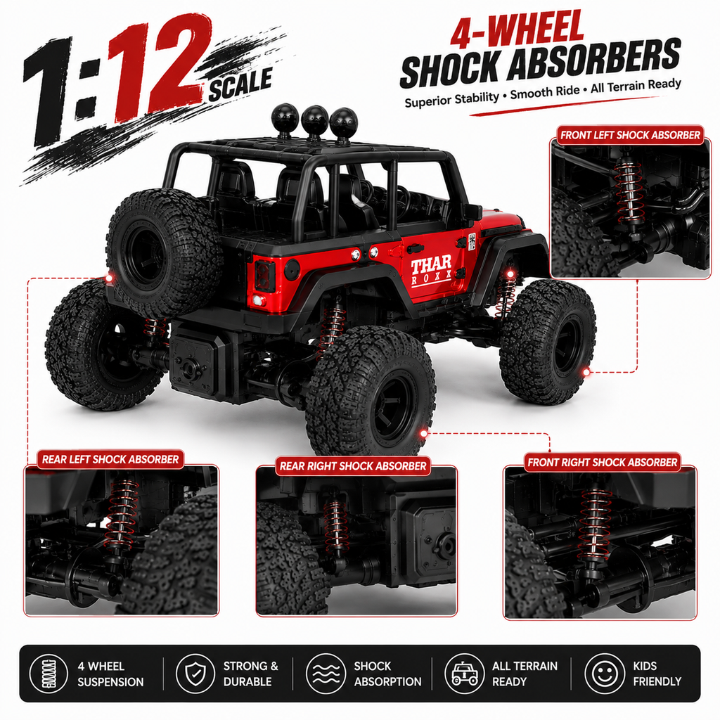 1:12 Scale Thar Roxx Monster RC Car with Metallic Body, 4-Wheel Shock Absorbers, LED Lights, Water Mist Spray & Type-C Charging – Remote Controlled Off-Road Crawler