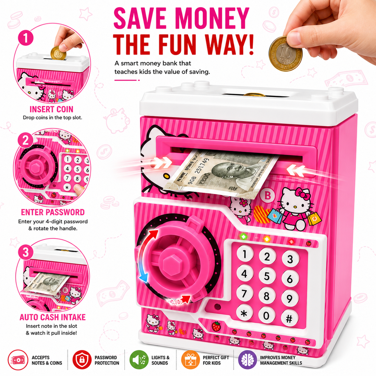 Hello Kitty Electronic ATM Money Bank for Kids with Password Lock | Auto Cash Deposit, Coin Saving, Sound & Light Educational Piggy Bank for Boys & Girls (Copy)