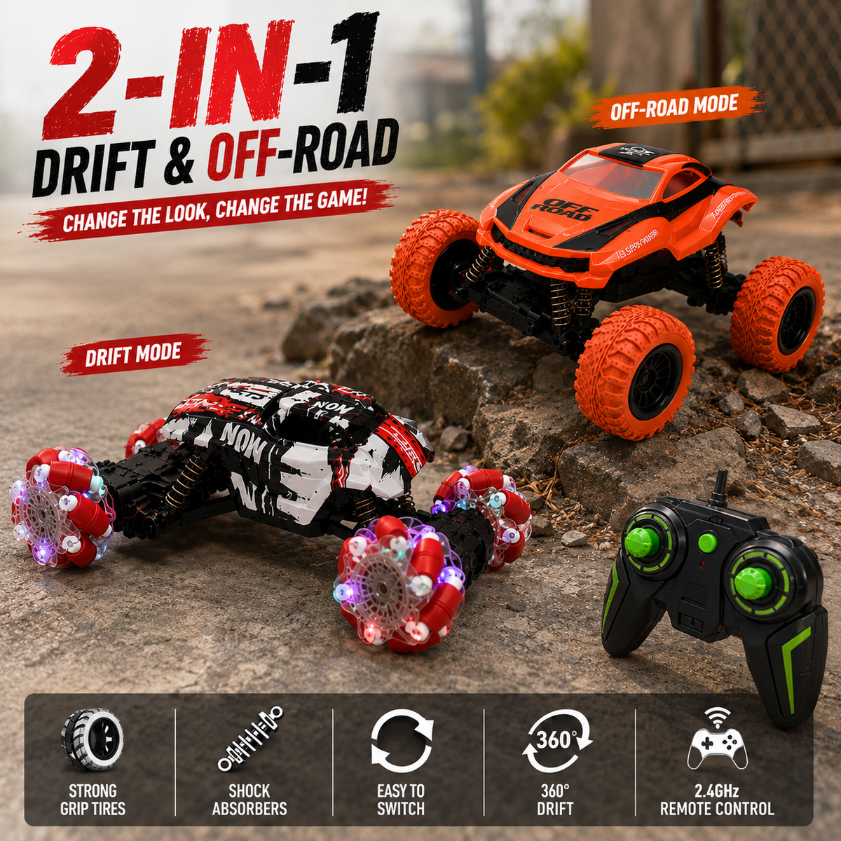 2-in-1 Transform RC Drift & Off-Road Car Toy with Changeable Wheels & Body, 2.4GHz Remote Control, Rechargeable LED Stunt Car for Kids Boys & Girls
