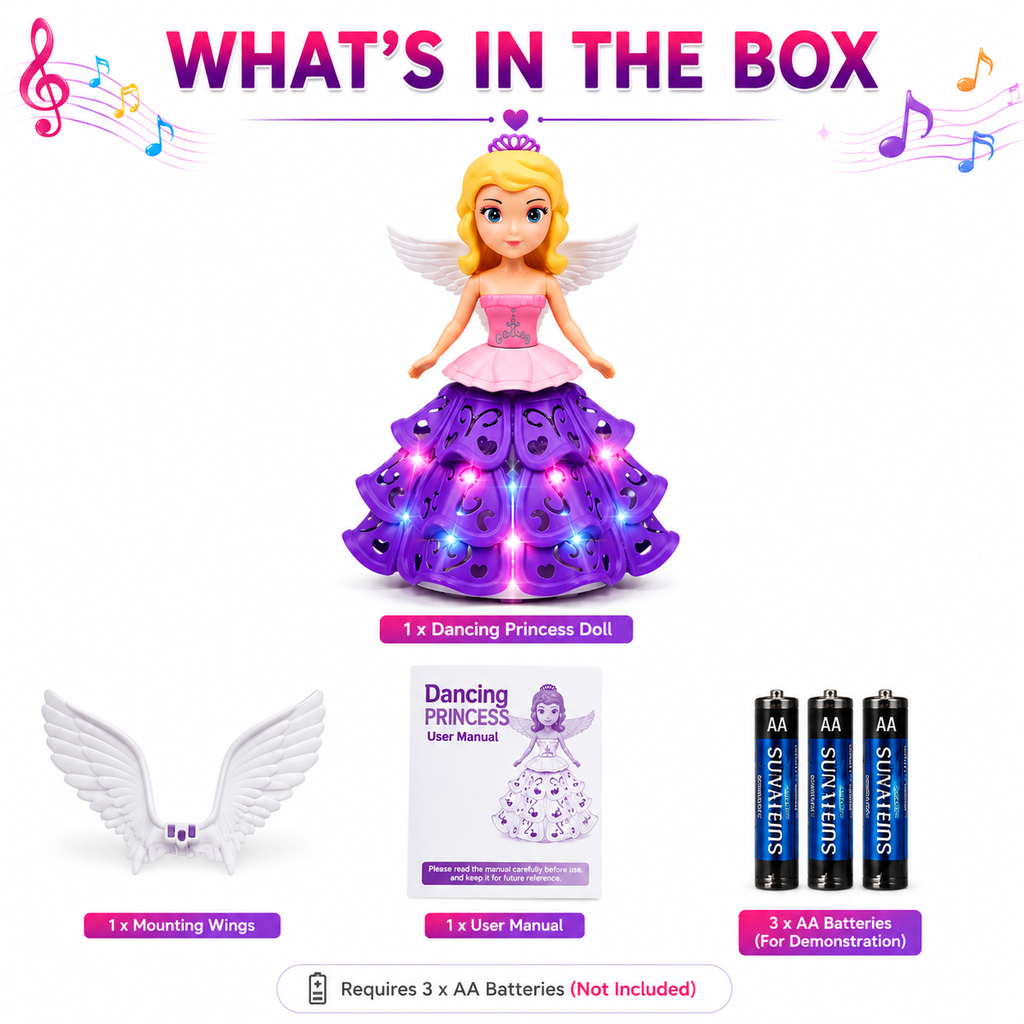 Dancing Angel Princess Doll with LED Lights, Music, 360° Rotation & Bump-and-Go Movement