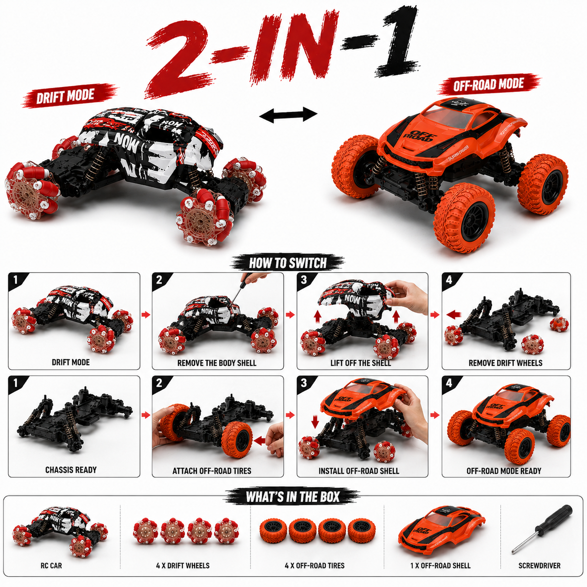 2-in-1 Transform RC Drift & Off-Road Car Toy with Changeable Wheels & Body, 2.4GHz Remote Control, Rechargeable LED Stunt Car for Kids Boys & Girls