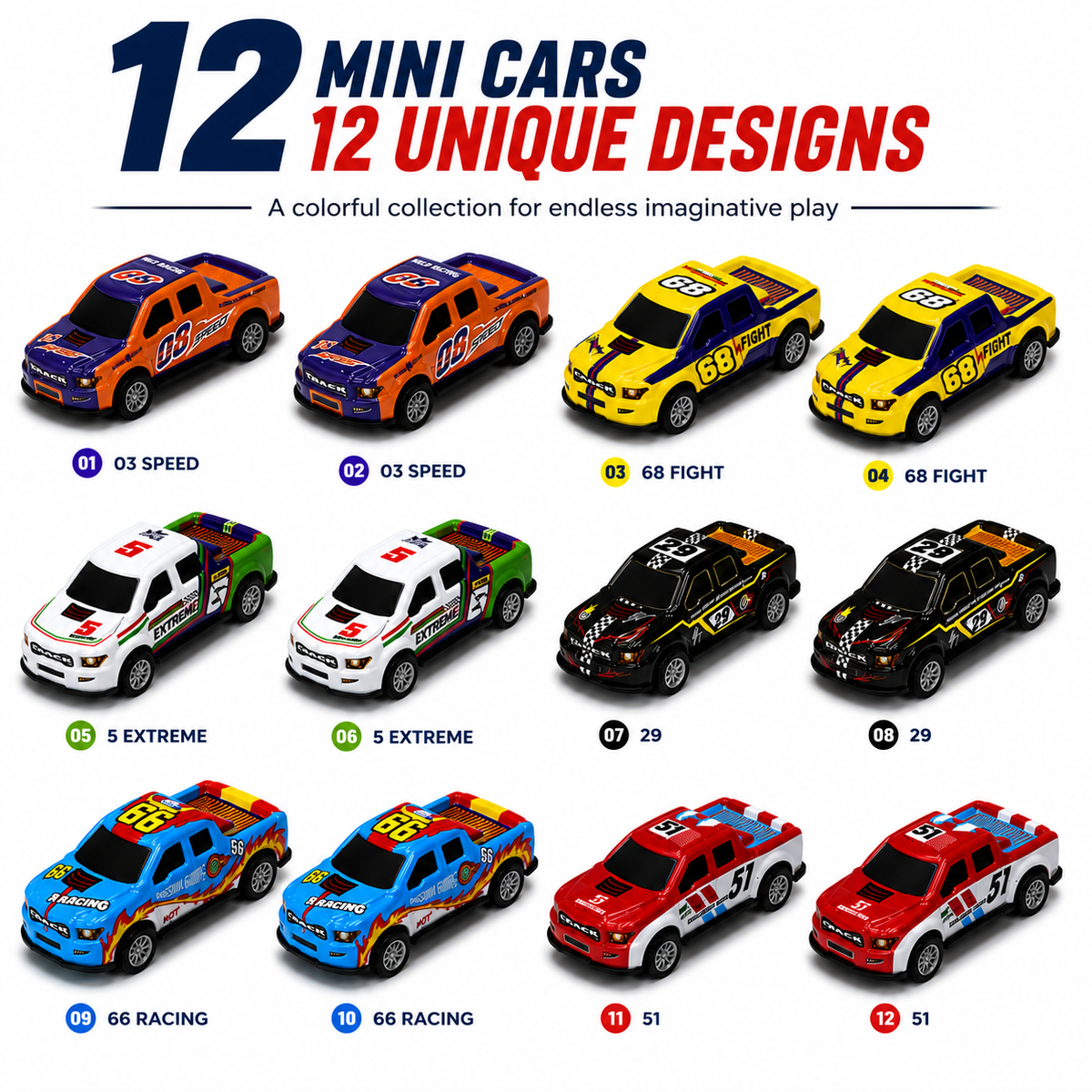 12 Pcs Mini Push Back Racing Cars Set for Kids, Colorful Pickup Toy Cars