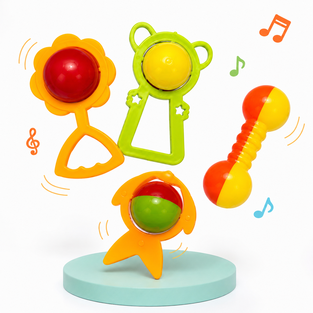 Baby Rattle Toy Set ( 4-Piece ) for Infants & Toddlers – Colorful Flower, Bear, Dumbbell & Character Rattles, Fun Shake & Play Toys for Babies