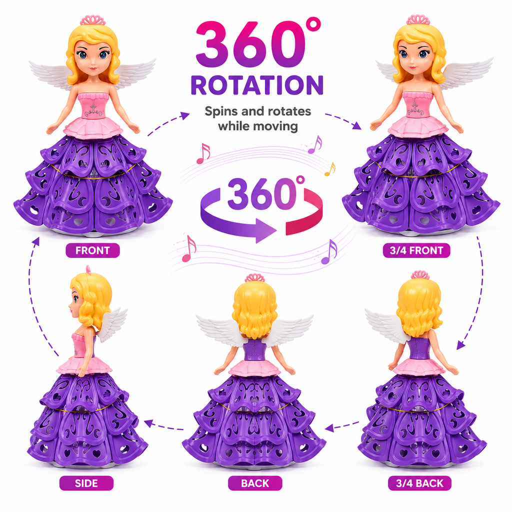 Dancing Angel Princess Doll with LED Lights, Music, 360° Rotation & Bump-and-Go Movement
