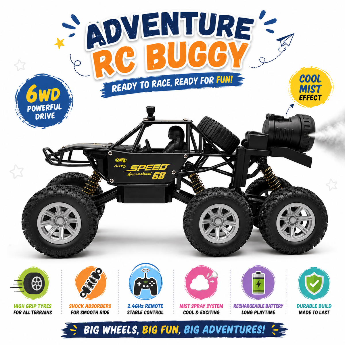 6WD RC Off-Road Rock Crawler with Mist Spray, Remote Control, Rechargeable Battery & USB Charging – Rugged All-Terrain Toy Car for Kids