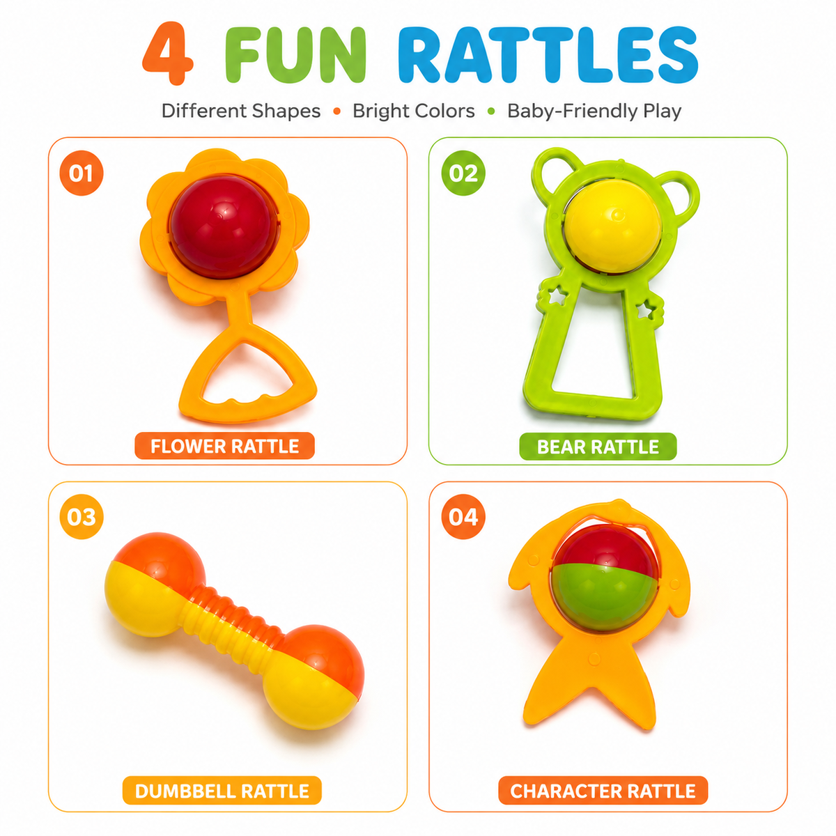Baby Rattle Toy Set ( 4-Piece ) for Infants & Toddlers – Colorful Flower, Bear, Dumbbell & Character Rattles, Fun Shake & Play Toys for Babies