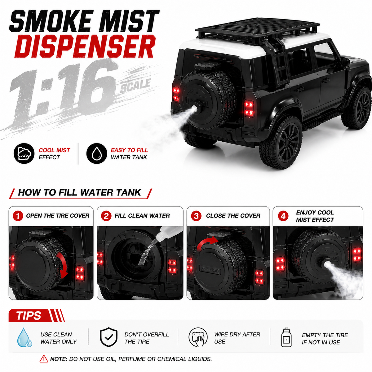 RC Spray SUV Car with Real Mist Effect, App & Remote Control, USB Type-C Rechargeable, LED Lights, Openable Doors & Roof Rack Toy for Kids