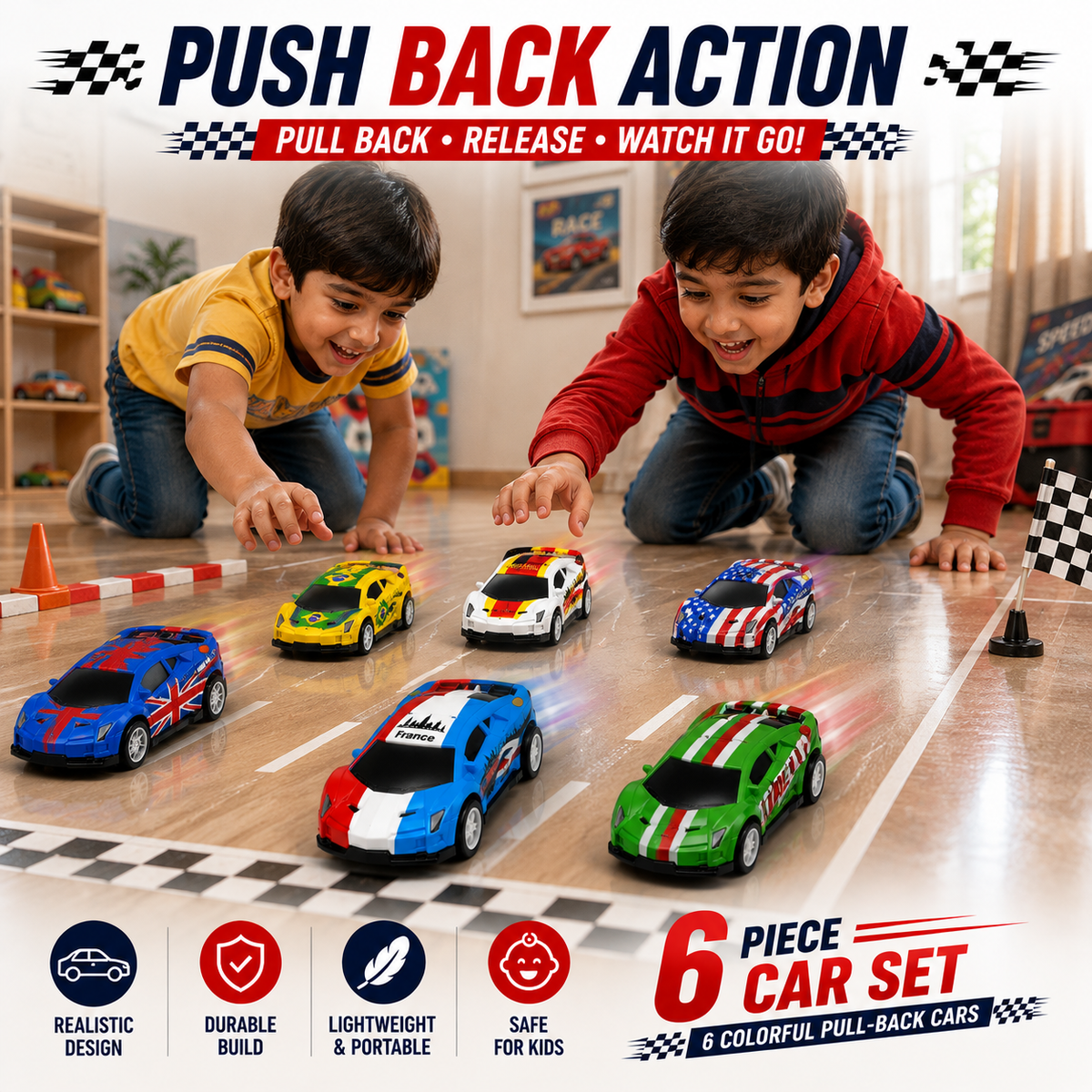 6 Pcs Pull Back Toy Cars Set for Kids – No Battery Push & Go Mini Cars