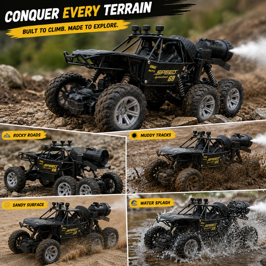 6WD RC Off-Road Rock Crawler with Mist Spray, Remote Control, Rechargeable Battery & USB Charging – Rugged All-Terrain Toy Car for Kids