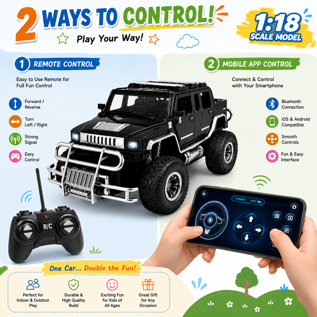 Hummer 4x4 SUV RC Car with Mobile App & Remote Control, 1:18 Scale Rechargeable Off-Road Toy Car with Type-C Charging, LED Lights & Rugged Design