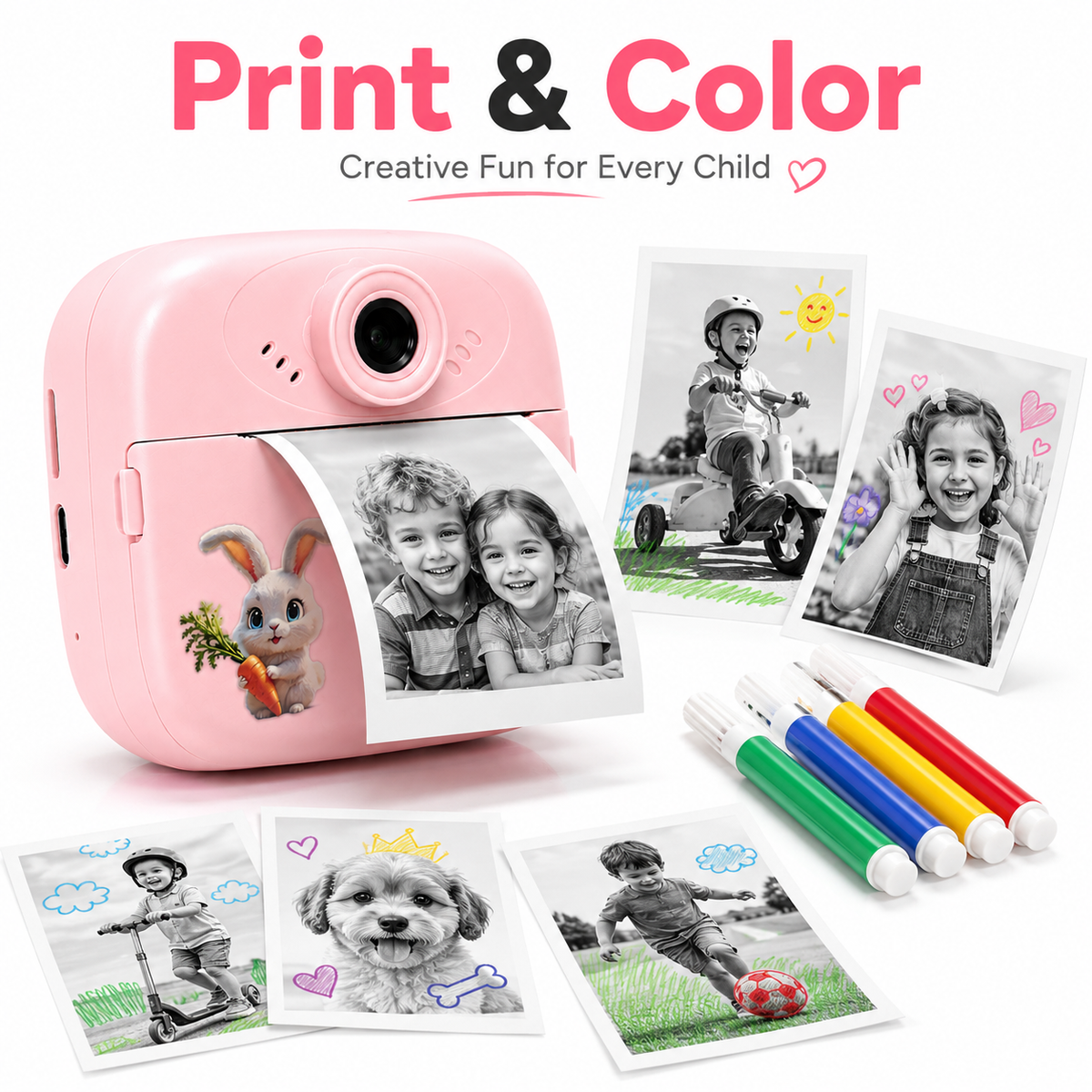 Kids Instant Print Camera, DIY Thermal Printing Digital Camera with 2.4" Screen, USB Rechargeable, Photo & Video Camera, Coloring Markers & Print Paper Included, Birthday Gift for Boys & Girls 3-12 Years