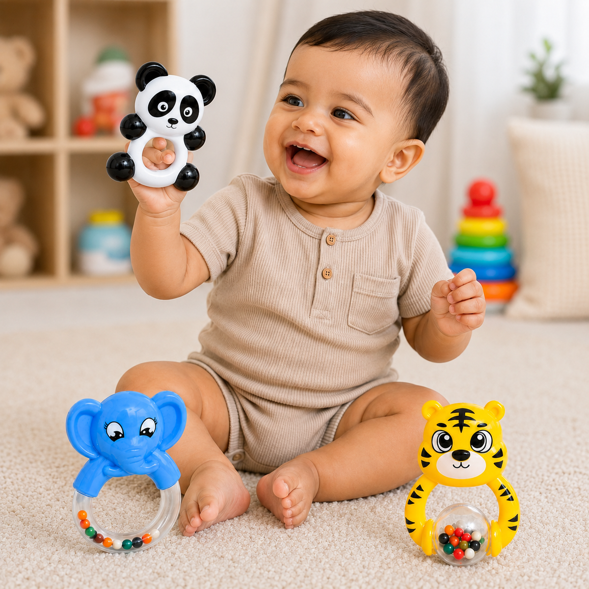 3-Piece Baby Animal Rattle Set – Tiger, Panda & Elephant Shaker Toys with Colorful Beads, Easy-Grip Infant Toys for Babies 3+ Months