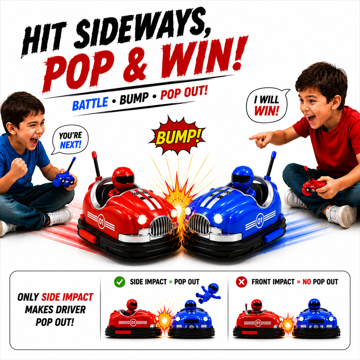 Kids 2 Player RC Bumper Car Battle Game with Driver Pop-Out Action, 2.4GHz Remote Control, Rechargeable Toy Cars for Boys & Girls