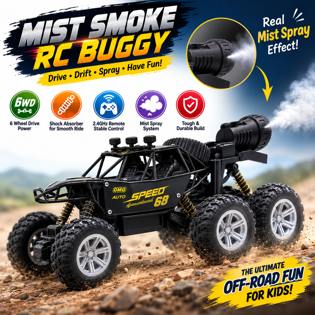 6WD RC Off-Road Rock Crawler with Mist Spray, Remote Control, Rechargeable Battery & USB Charging – Rugged All-Terrain Toy Car for Kids