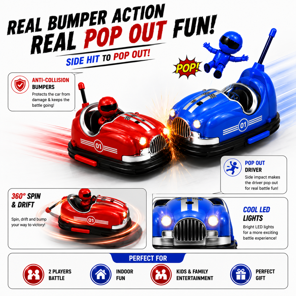Kids 2 Player RC Bumper Car Battle Game with Driver Pop-Out Action, 2.4GHz Remote Control, Rechargeable Toy Cars for Boys & Girls
