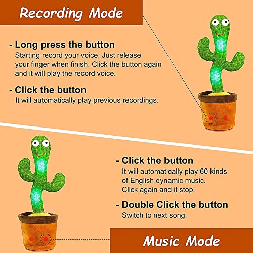 Mimicry Toy Cactus with Lights and Music - Repeat and Record Whatever You say, Wiggles with Music - Interactive Rechargeable