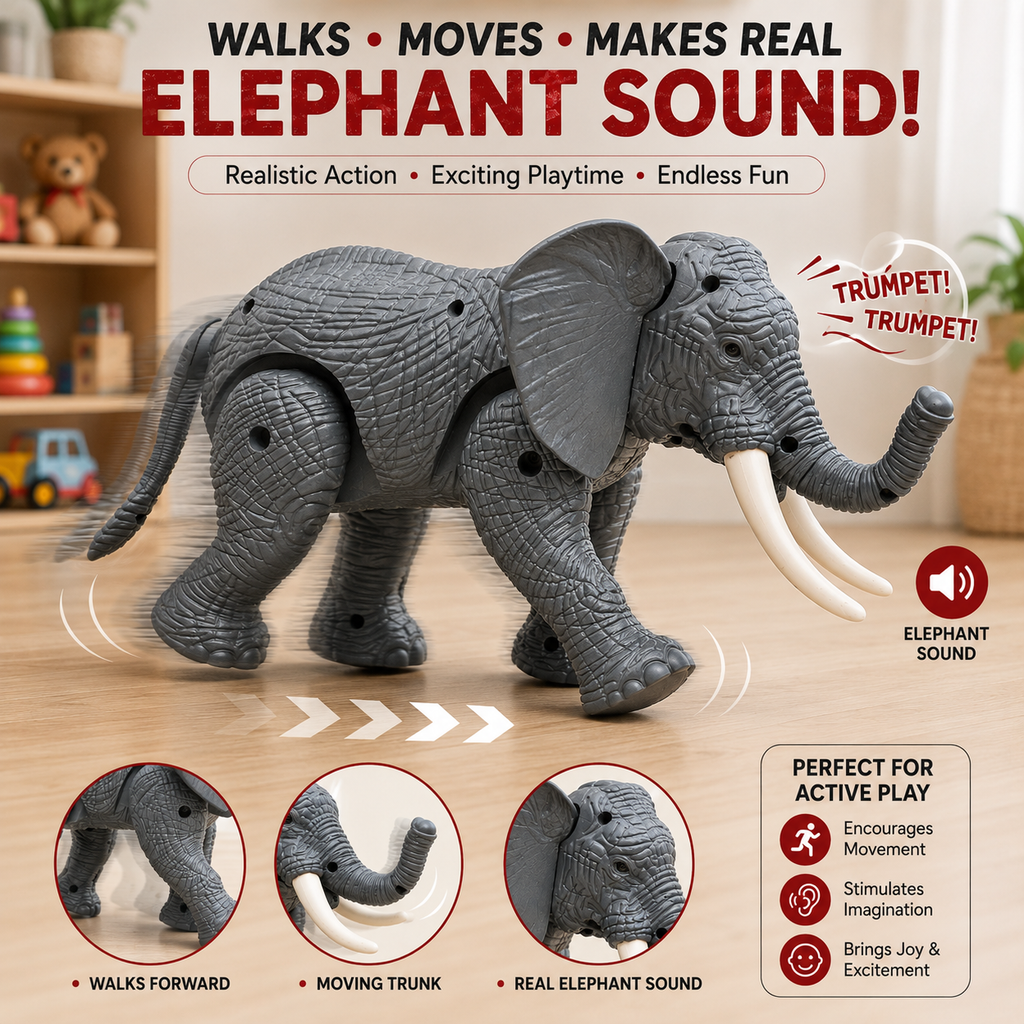 Walking Elephant Toy for Kids with Moving Trunk & Elephant Sound, Realistic Battery Operated Animal Toy for Boys & Girls