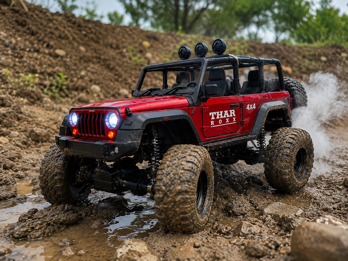1:12 Scale Thar Roxx Monster RC Car with Metallic Body, 4-Wheel Shock Absorbers, LED Lights, Water Mist Spray & Type-C Charging – Remote Controlled Off-Road Crawler