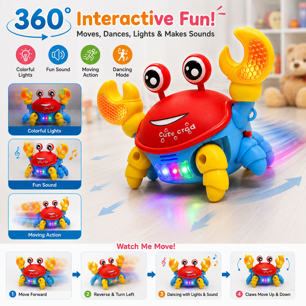 Dancing Crab Toy for Kids with Colorful LED Lights, Music & Sound, Moving Action & Blinking Claws, Fun Interactive Musical Toy for Boys & Girls