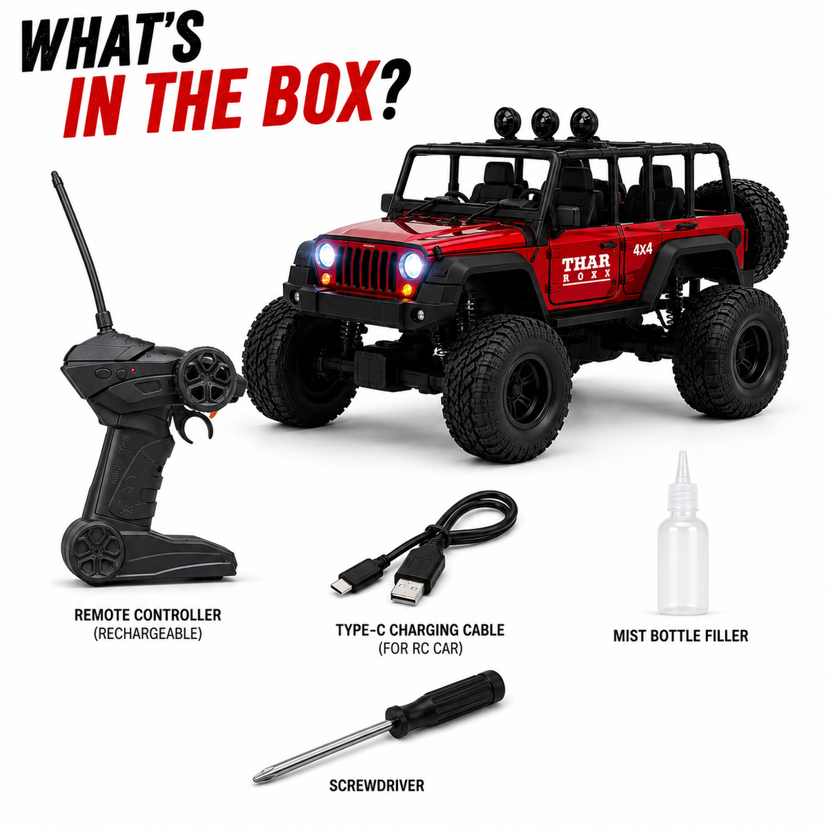 1:12 Scale Thar Roxx Monster RC Car with Metallic Body, 4-Wheel Shock Absorbers, LED Lights, Water Mist Spray & Type-C Charging – Remote Controlled Off-Road Crawler