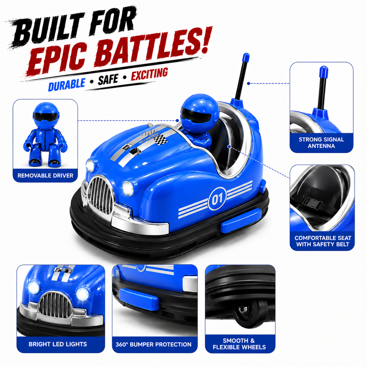 Kids 2 Player RC Bumper Car Battle Game with Driver Pop-Out Action, 2.4GHz Remote Control, Rechargeable Toy Cars for Boys & Girls