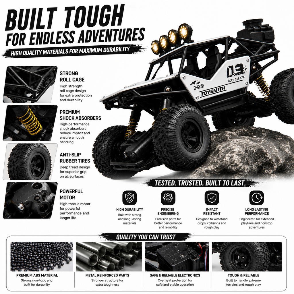 1:12 Scale RC Rock Crawler 4x4 Off-Road Car with Shock Absorbers, LED Lights & Smoke Effect, Type-C Rechargeable