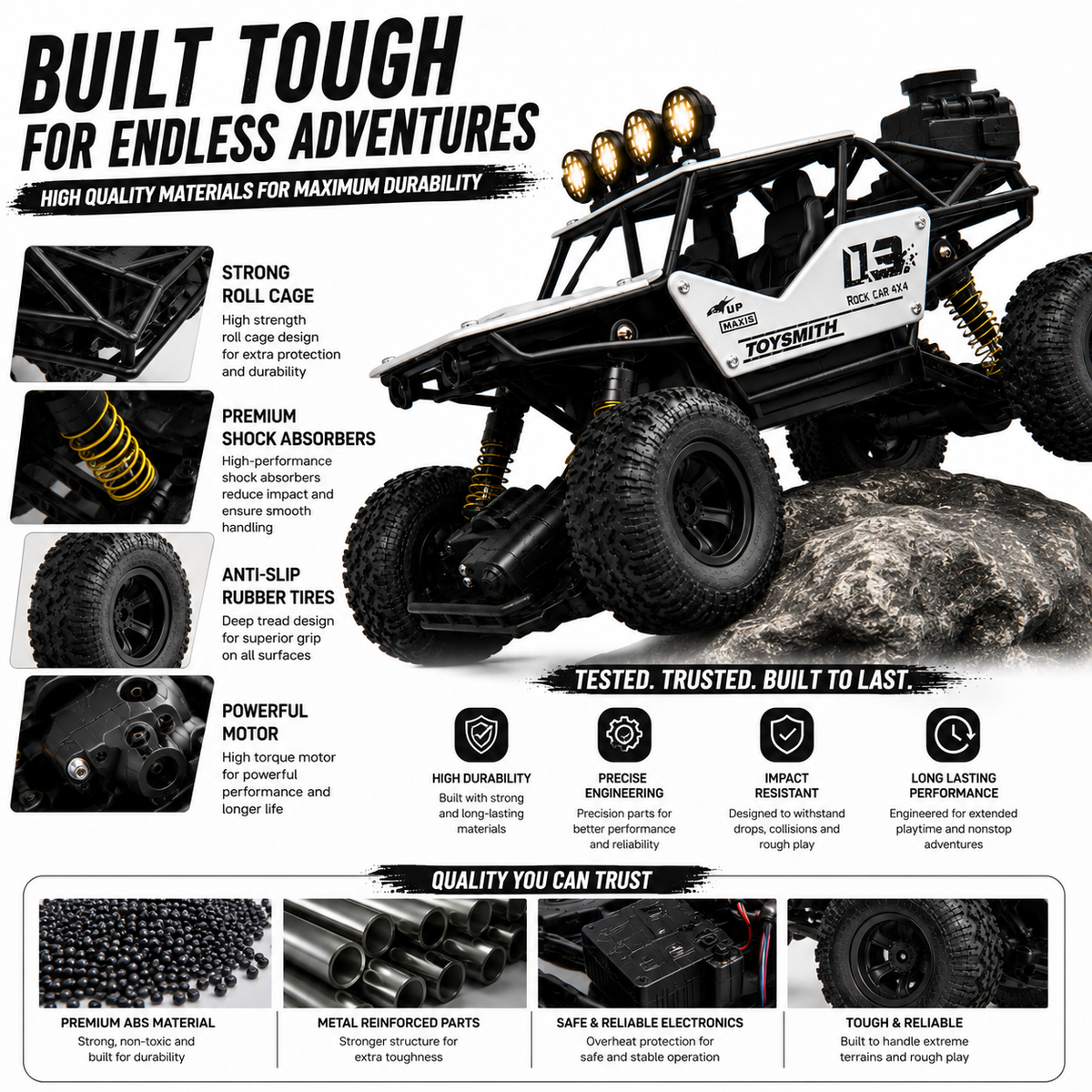 1:12 Scale RC Rock Crawler 4x4 Off-Road Car with Shock Absorbers, LED Lights & Smoke Effect, Type-C Rechargeable