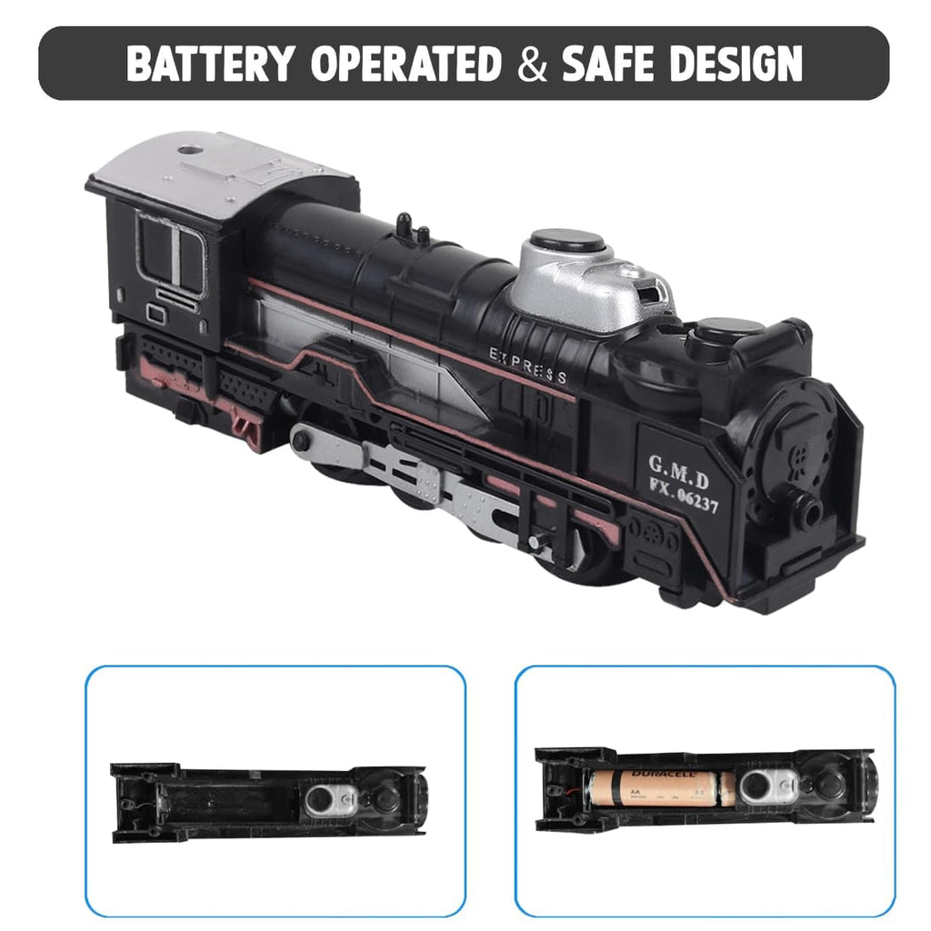 Small Black Train  - Battery Operated Steam Engine with Coal & Passenger Coach 10 (30 Inch) Round Track - Vintage Style Toy Train with Lights & Sound for Kids