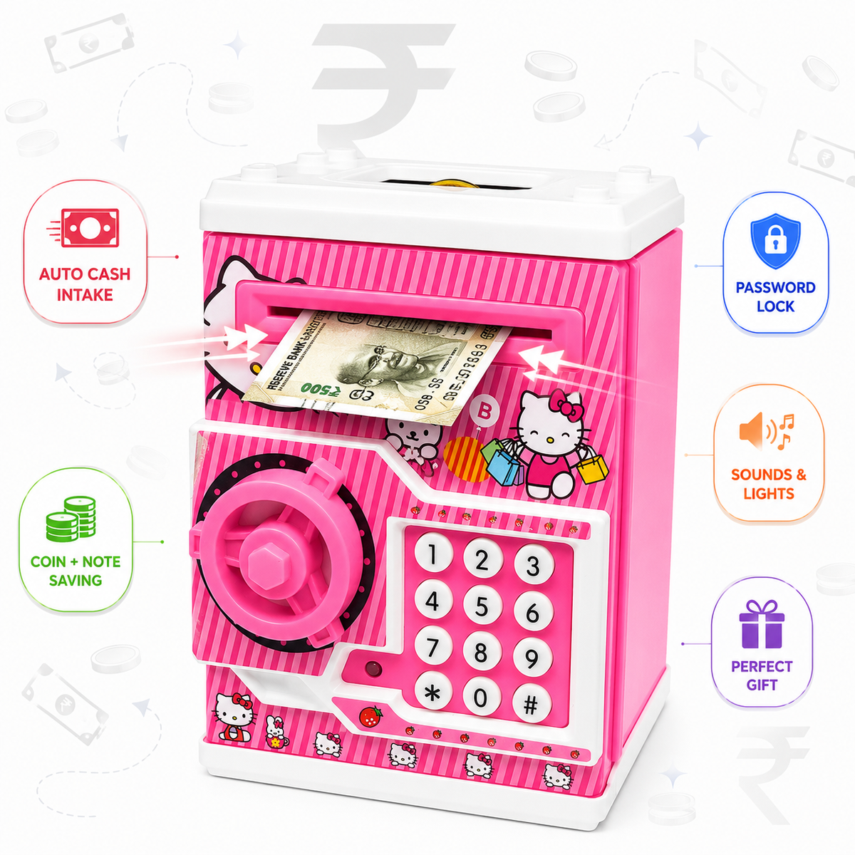 Hello Kitty Electronic ATM Money Bank for Kids with Password Lock | Auto Cash Deposit, Coin Saving, Sound & Light Educational Piggy Bank for Boys & Girls (Copy)