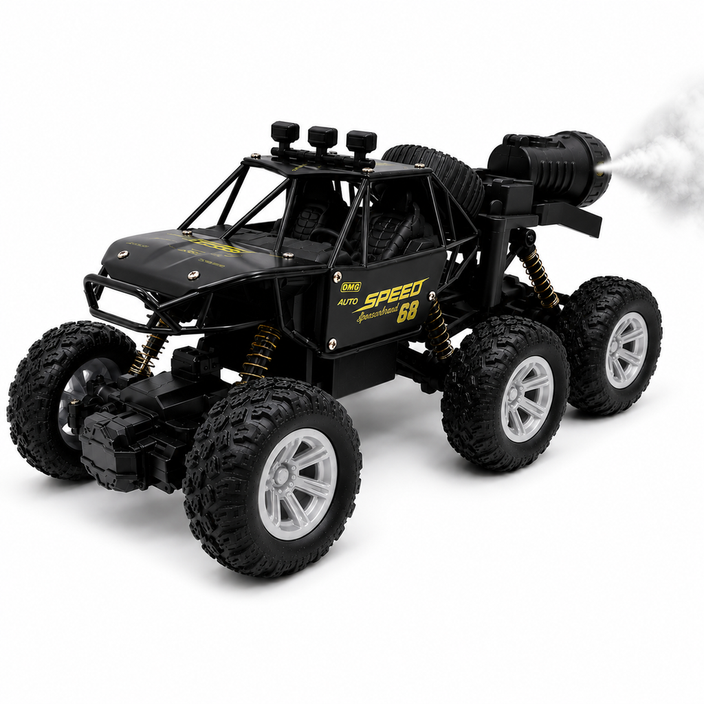 6WD RC Off-Road Rock Crawler with Mist Spray, Remote Control, Rechargeable Battery & USB Charging – Rugged All-Terrain Toy Car for Kids