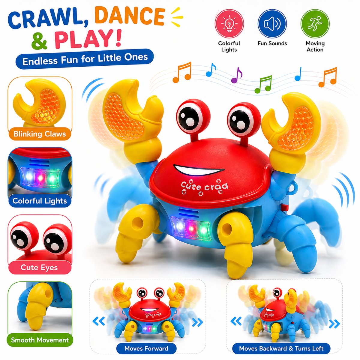 Dancing Crab Toy for Kids with Colorful LED Lights, Music & Sound, Moving Action & Blinking Claws, Fun Interactive Musical Toy for Boys & Girls