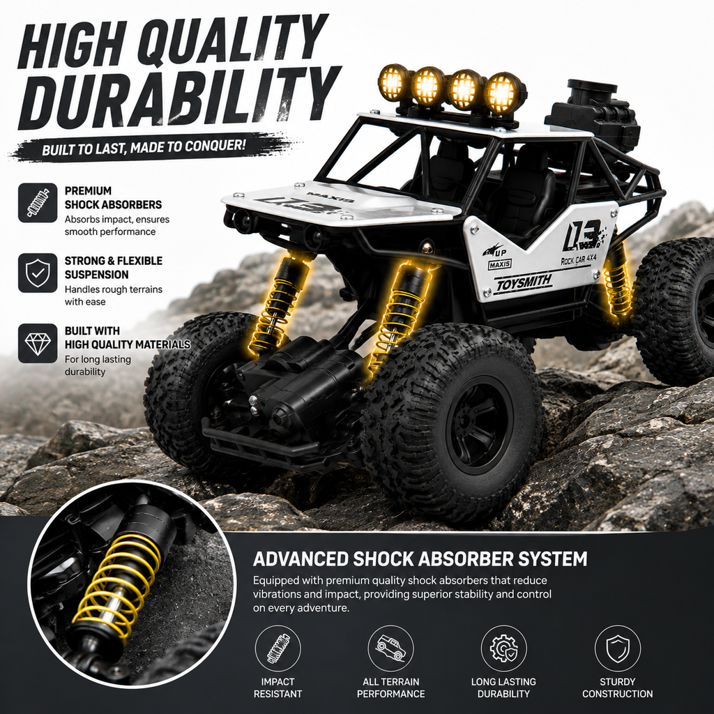 1:12 Scale RC Rock Crawler 4x4 Off-Road Car with Shock Absorbers, LED Lights & Smoke Effect, Type-C Rechargeable