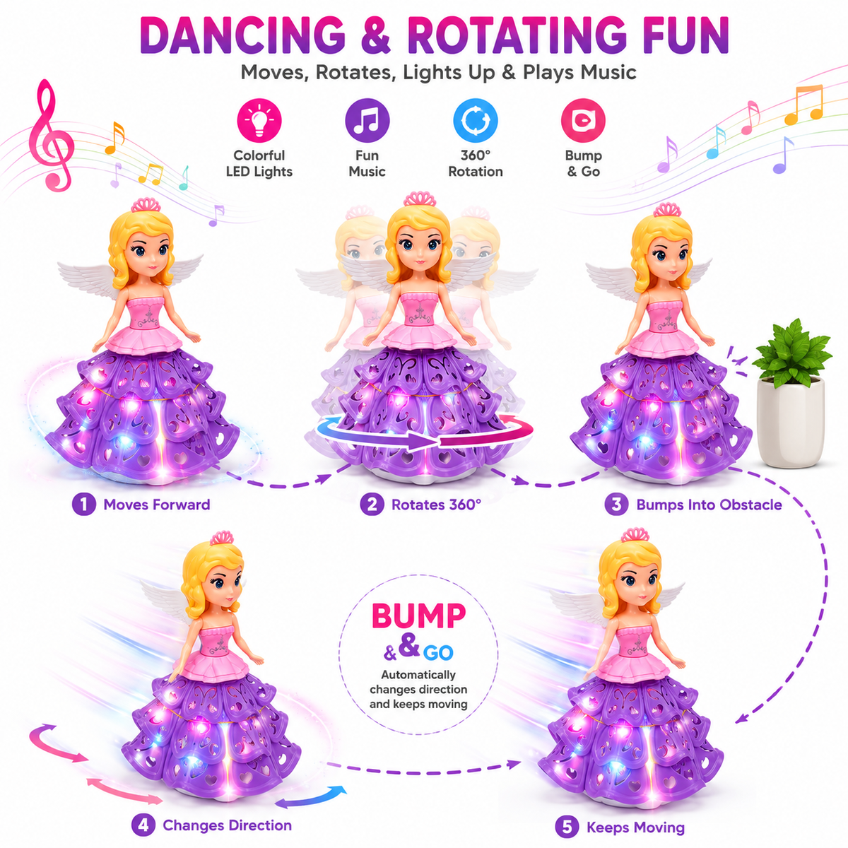 Dancing Angel Princess Doll with LED Lights, Music, 360° Rotation & Bump-and-Go Movement