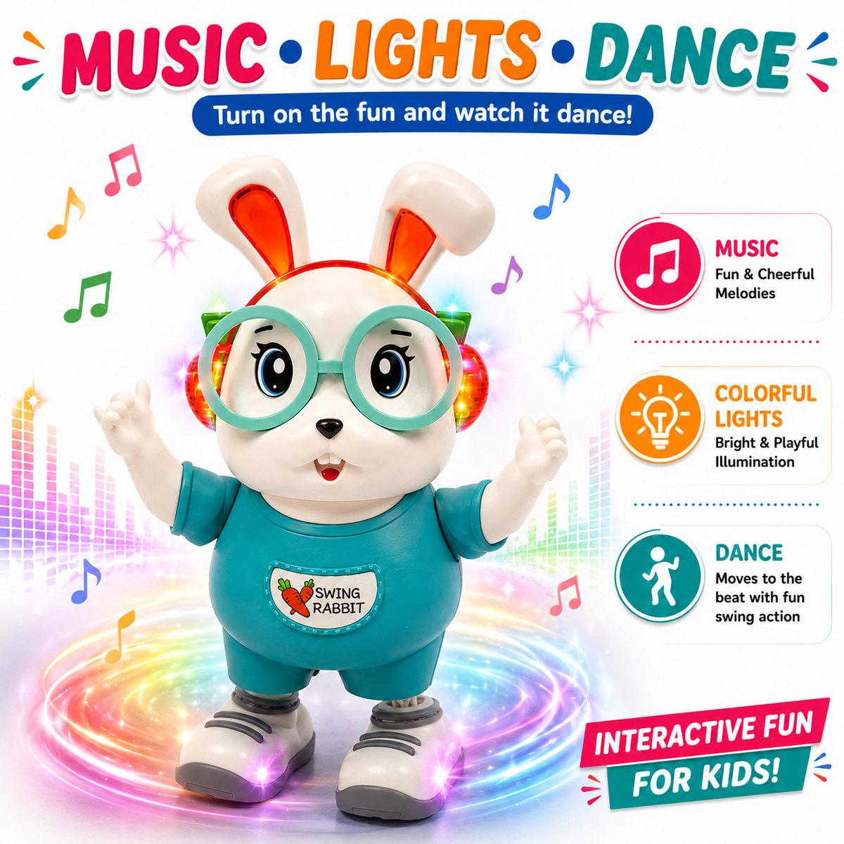 Dancing Rabbit Toy with Music & Colorful LED Lights | Battery Operated Walking Duck for Kids & Toddlers
