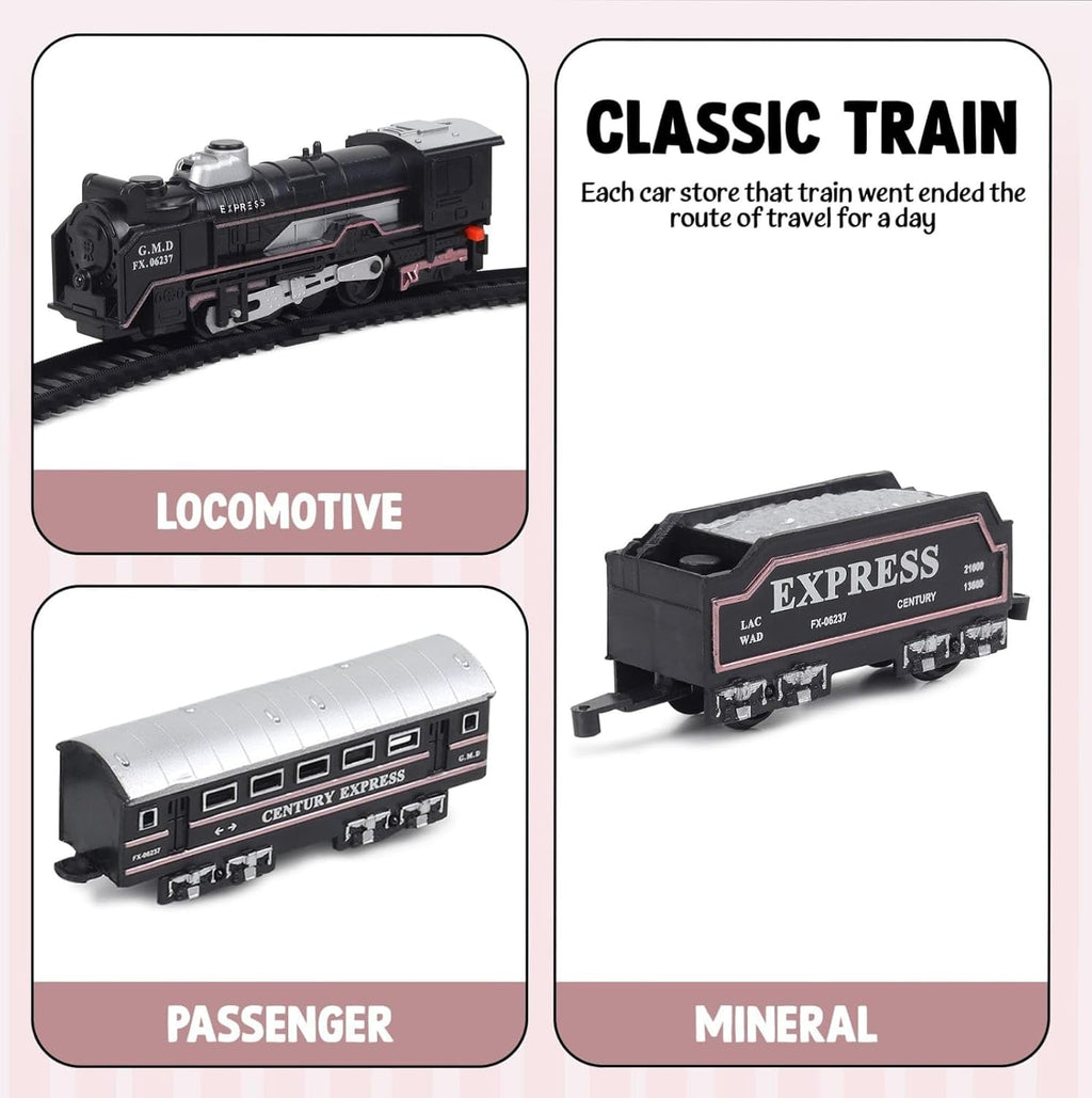 Small Black Train  - Battery Operated Steam Engine with Coal & Passenger Coach 10 (30 Inch) Round Track - Vintage Style Toy Train with Lights & Sound for Kids
