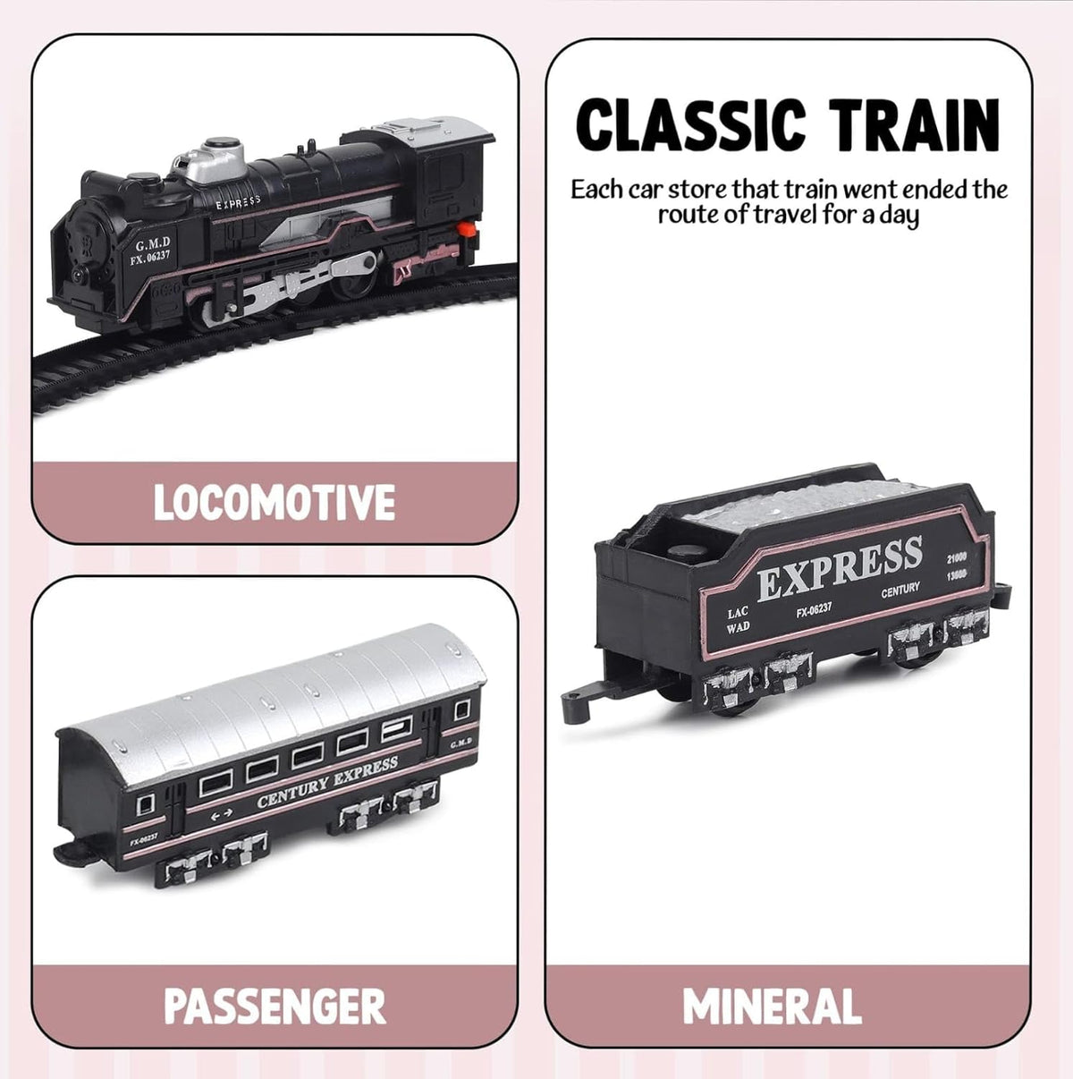 Small Black Train  - Battery Operated Steam Engine with Coal & Passenger Coach 10 (30 Inch) Round Track - Vintage Style Toy Train with Lights & Sound for Kids