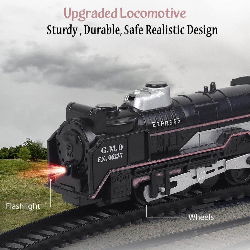 Small Black Train  - Battery Operated Steam Engine with Coal & Passenger Coach 10 (30 Inch) Round Track - Vintage Style Toy Train with Lights & Sound for Kids