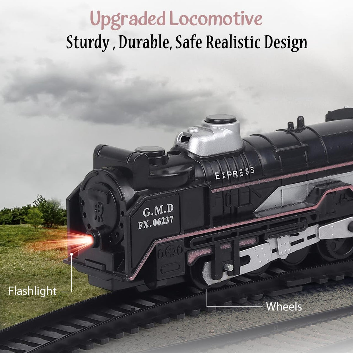 Small Black Train  - Battery Operated Steam Engine with Coal & Passenger Coach 10 (30 Inch) Round Track - Vintage Style Toy Train with Lights & Sound for Kids