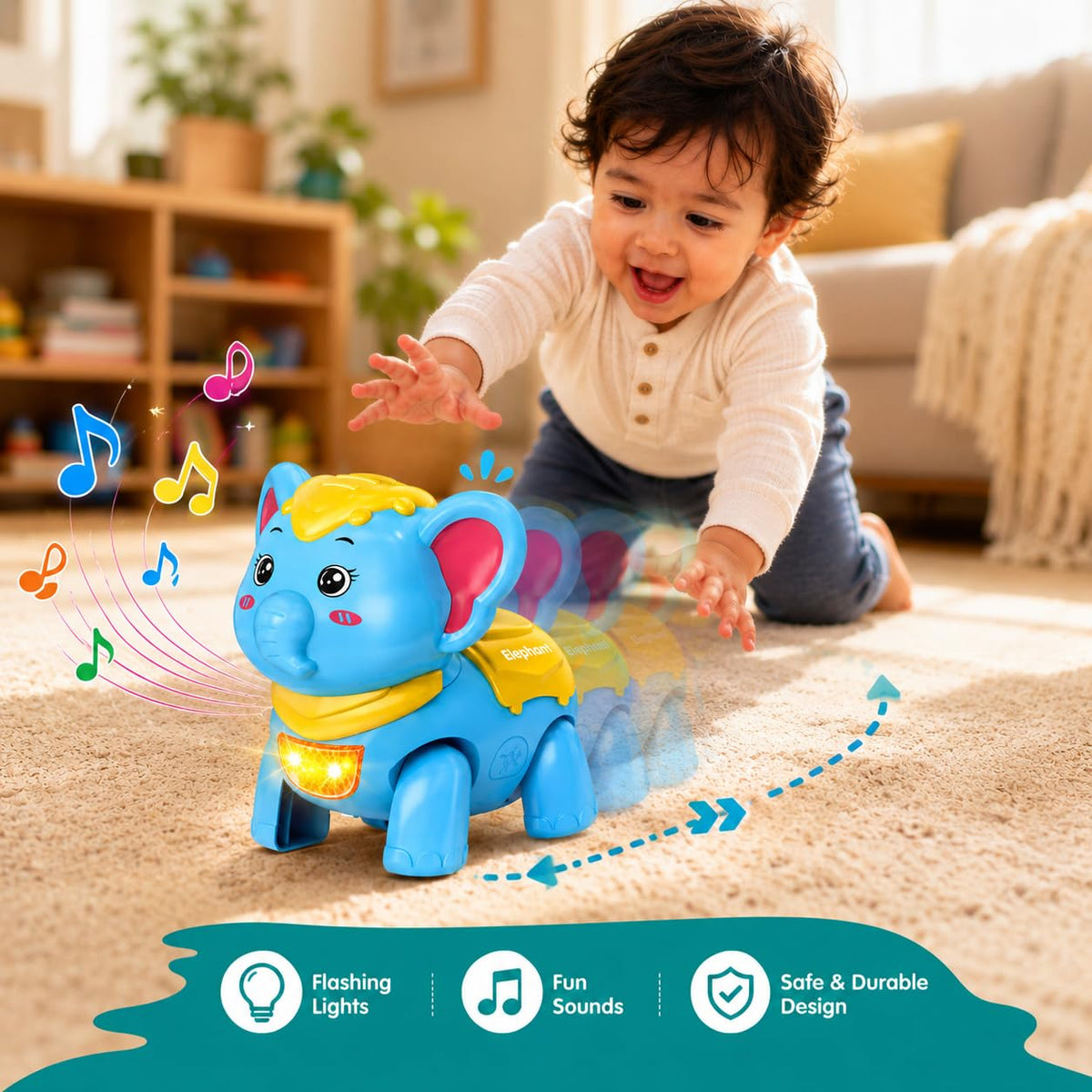 Musical Crawling Elephant Toy for Kids with Light & Sound