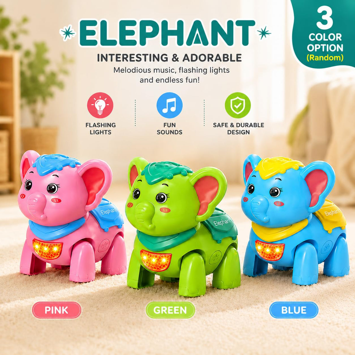 Musical Crawling Elephant Toy for Kids with Light & Sound
