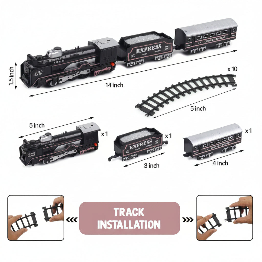Small Black Train  - Battery Operated Steam Engine with Coal & Passenger Coach 10 (30 Inch) Round Track - Vintage Style Toy Train with Lights & Sound for Kids