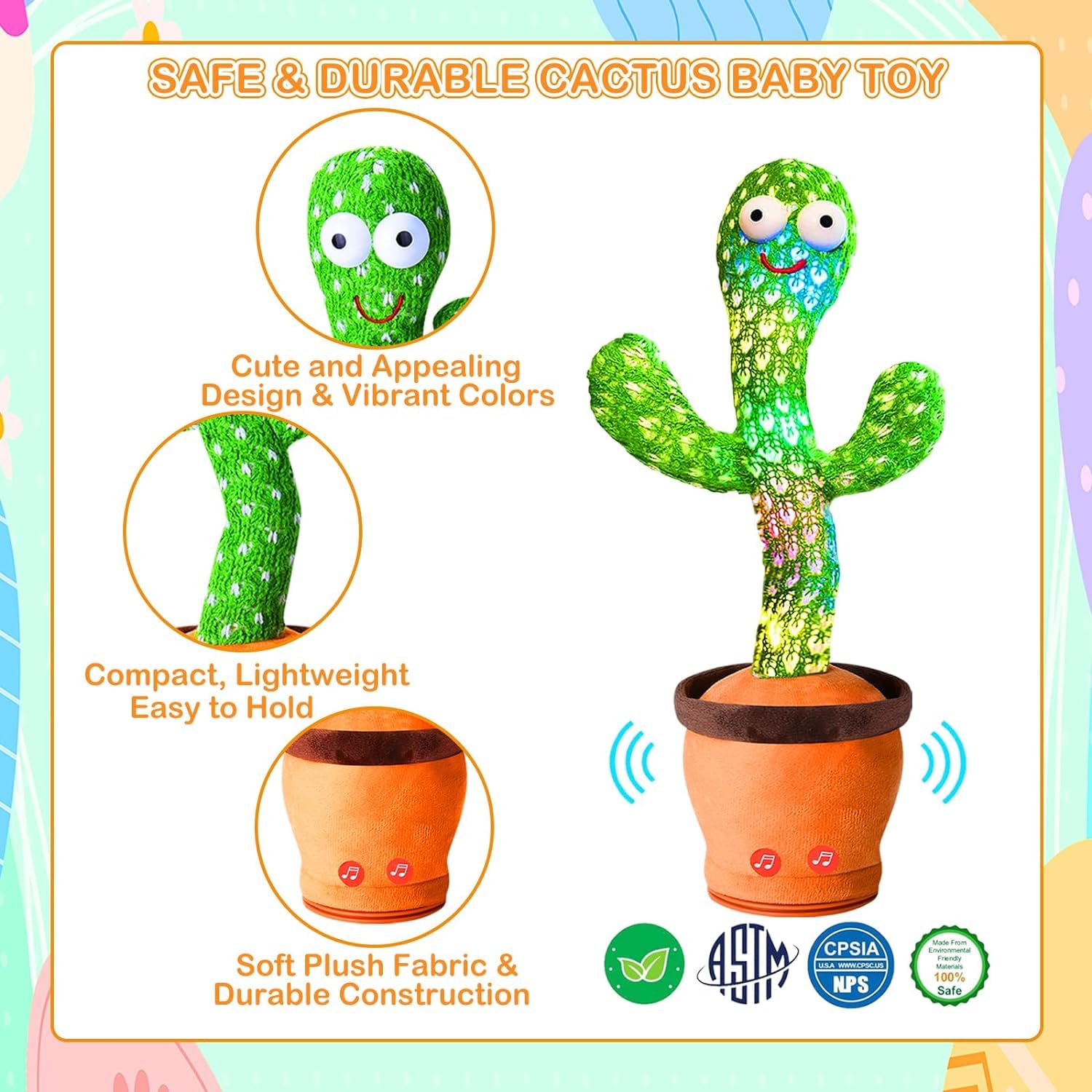 Mimicry Toy Cactus with Lights and Music - Repeat and Record Whatever You say, Wiggles with Music - Interactive Rechargeable
