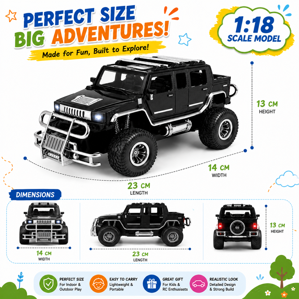 Hummer 4x4 SUV RC Car with Mobile App & Remote Control, 1:18 Scale Rechargeable Off-Road Toy Car with Type-C Charging, LED Lights & Rugged Design
